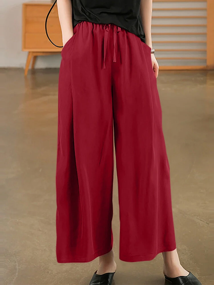 Women Solid Drawstring Waist Casual Wide Leg Pants 4 Women Solid Drawstring Waist Casual Wide Leg Pants - Image 4