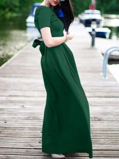 Solid Short Sleeve Pocket Crew Neck Maxi Dress -Zanzea Shop 230dbe68 9a63 4c49 93c5 84b7a7a1ab09