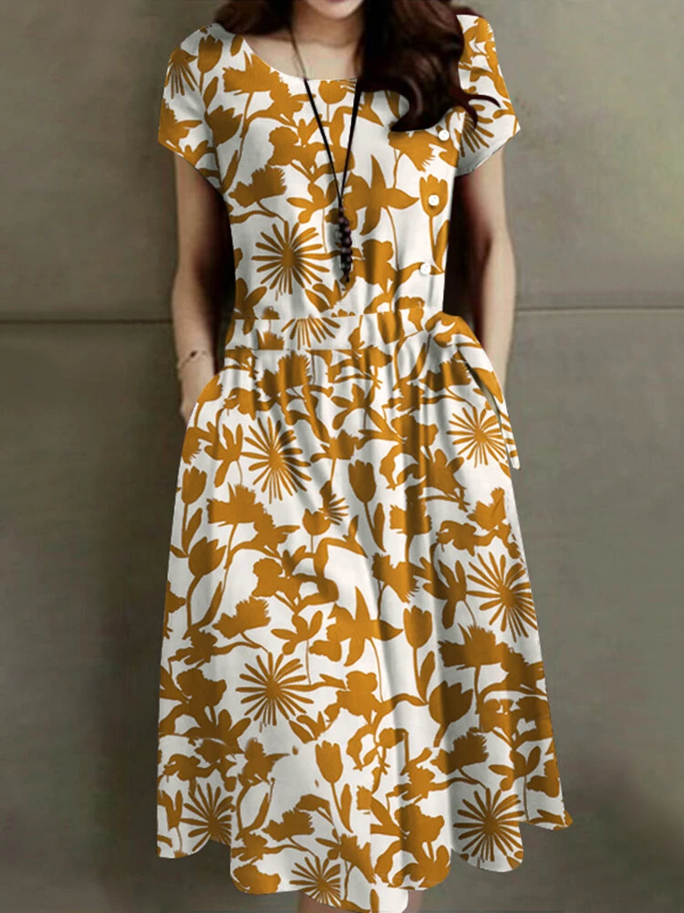Flower Print Drawstring Pocket Short Sleeve Midi Dress 5 Flower Print Drawstring Pocket Short Sleeve Midi Dress - Image 5