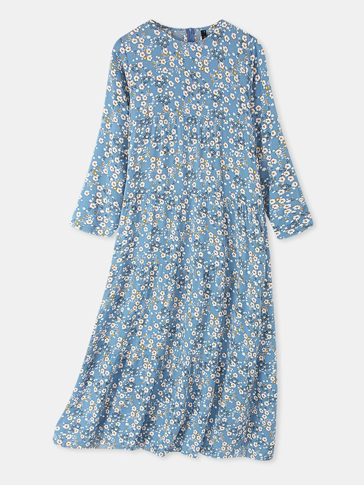 Women Vintage Floral Print O-neck Pocket Long Sleeve Maxi Dress 2 Women Vintage Floral Print O-neck Pocket Long Sleeve Maxi Dress - Image 2