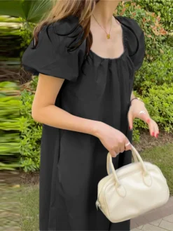 Solid Puff Sleeve Pocket Square Collar Midi Dress -Zanzea Shop 235045af 1fac 4d60 8797 77dd727e3091