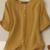Solid Button Half Sleeve Round Neck Casual Cotton Blouse