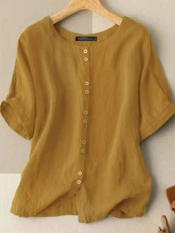 Solid Button Half Sleeve Round Neck Casual Cotton Blouse