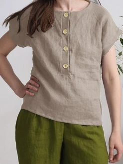 Solid Button Short Sleeve Crew Neck Casual Blouse -Zanzea Shop 23705cfb e544 428a b2ff f487f9c99cc4