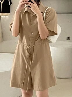 Solid Pocket Drawstring Waist Button Lapel Short Sleeve Romper -Zanzea Shop 239b3d5c 8fb3 4c16 94c0 02db9c4f1fff