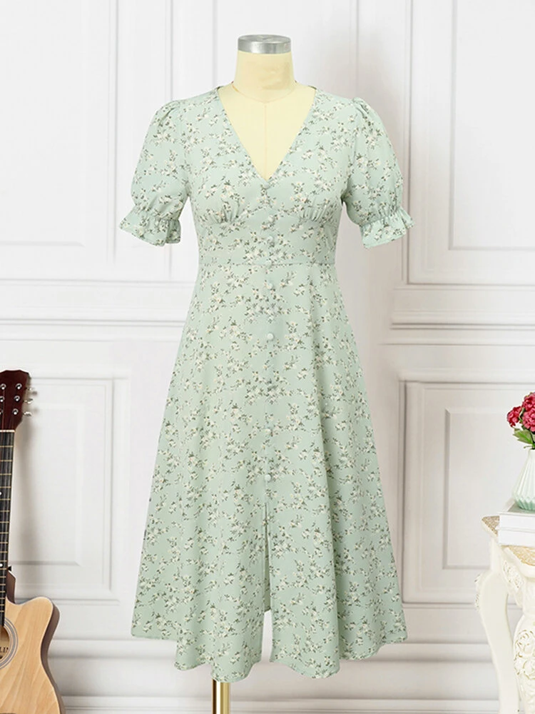 Women Ditsy Floral Print V-Neck Split Hem Puff Sleeve Dress 5 Women Ditsy Floral Print V-Neck Split Hem Puff Sleeve Dress - Image 5