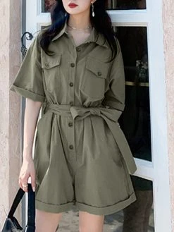 Solid Pocket Button Lapel Short Sleeve Wide Leg Cargo Romper -Zanzea Shop 23b2f0cc 71c0 40b8 bdec 92d569b9df24