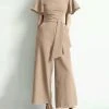 Solid Belt Pocket High Waist Ruffle Sleeve Wide Leg Jumpsuit