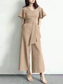 Solid Belt Pocket High Waist Ruffle Sleeve Wide Leg Jumpsuit