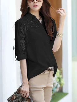 Lace Panel Solid Button Front Lapel Half Sleeve Shirt 22 Lace Panel Solid Button Front Lapel Half Sleeve Shirt -Zanzea Shop 23f7c11b 3dc5 4b7d 9d76 0e0fc40f1711