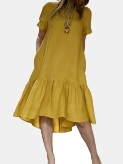 Solid Ruffle High-Low Hem Casual Cotton Midi Dress