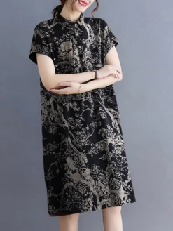 Plants Print Lapel Button Short Sleeve Dress -Zanzea Shop 241e58b0 0732 457b ad8b c6f7c961ca18