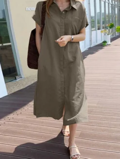 Solid Button Pocket Lapel Short Sleeve Casual Shirt Dress -Zanzea Shop 242048e0 b29d 4df5 b038 78218a117361