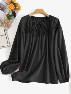 Solid Ruffle Trim Tie Front Long Sleeve Crew Neck Blouse -Zanzea Shop 245c88c1 b464 493c 95af 1576f493889d