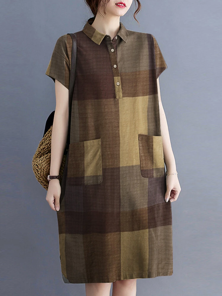 Check Pattern Short Sleeve Pocket Button Lapel Dress 7 Check Pattern Short Sleeve Pocket Button Lapel Dress - Image 7