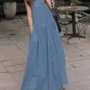 Solid Crew Neck Casual Sleeveless Denim Maxi Dress