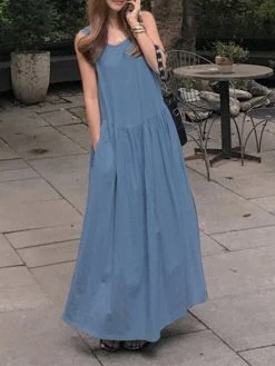 Solid Crew Neck Casual Sleeveless Denim Maxi Dress