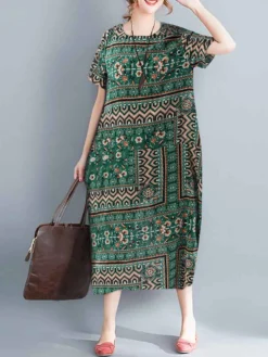 Vintage Allover Tribal Pattern Slit Hem Short Sleeve Dress -Zanzea Shop 249921d1 c481 4029 a445 df68b9c5452a