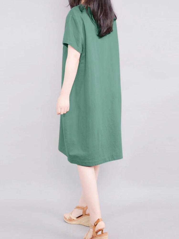 Solid Pocket Short Sleeve Crew Neck Vintage Dress 4 Solid Pocket Short Sleeve Crew Neck Vintage Dress - Image 4