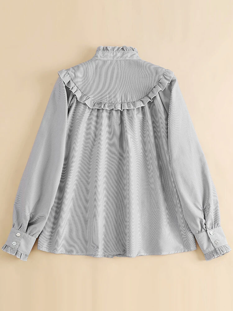 Stripe Print Ruffle Trim Button Front Long Sleeve Blouse 4 Stripe Print Ruffle Trim Button Front Long Sleeve Blouse - Image 4
