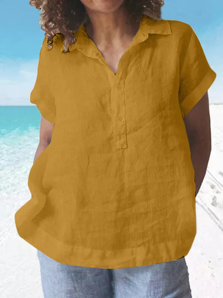 Solid Button Front Lapel Short Sleeve Casual Blouse 3 Solid Button Front Lapel Short Sleeve Casual Blouse - Image 3