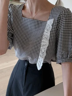Check Print Lace Panel Short Sleeve Square Collar Blouse -Zanzea Shop 2517fd8b 4fe1 4247 a0d6 65717732c019