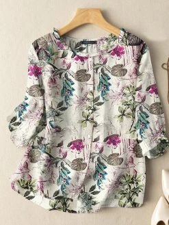 Allover Plants Print Button Front 3/4 Sleeve Crew Neck Blouse