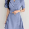 Solid Lapel Short Sleeve A-line Dress For Women