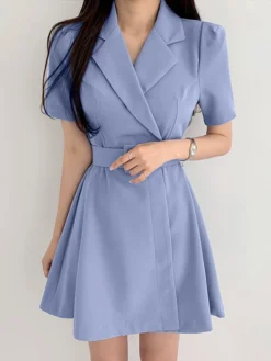Solid Lapel Short Sleeve A-line Dress For Women