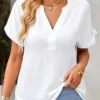 Solid V-neck Short Sleeve Casual Loose Women Blouse
