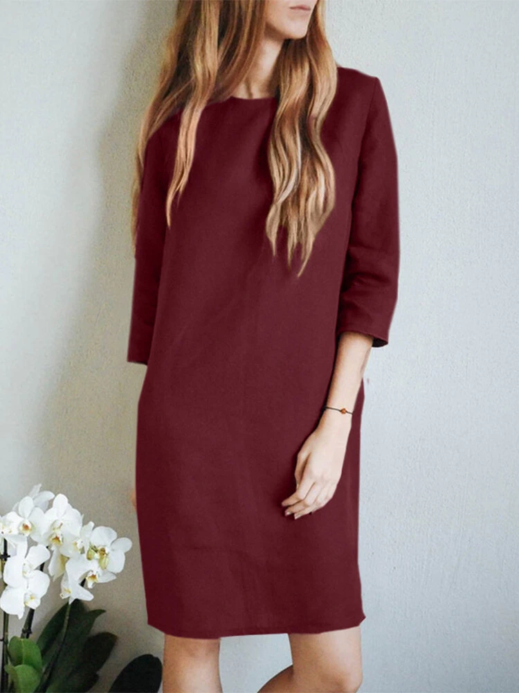 Women Solid Crew Neck Cotton Casual 3/4 Sleeve Dress 5 Women Solid Crew Neck Cotton Casual 3/4 Sleeve Dress - Image 5