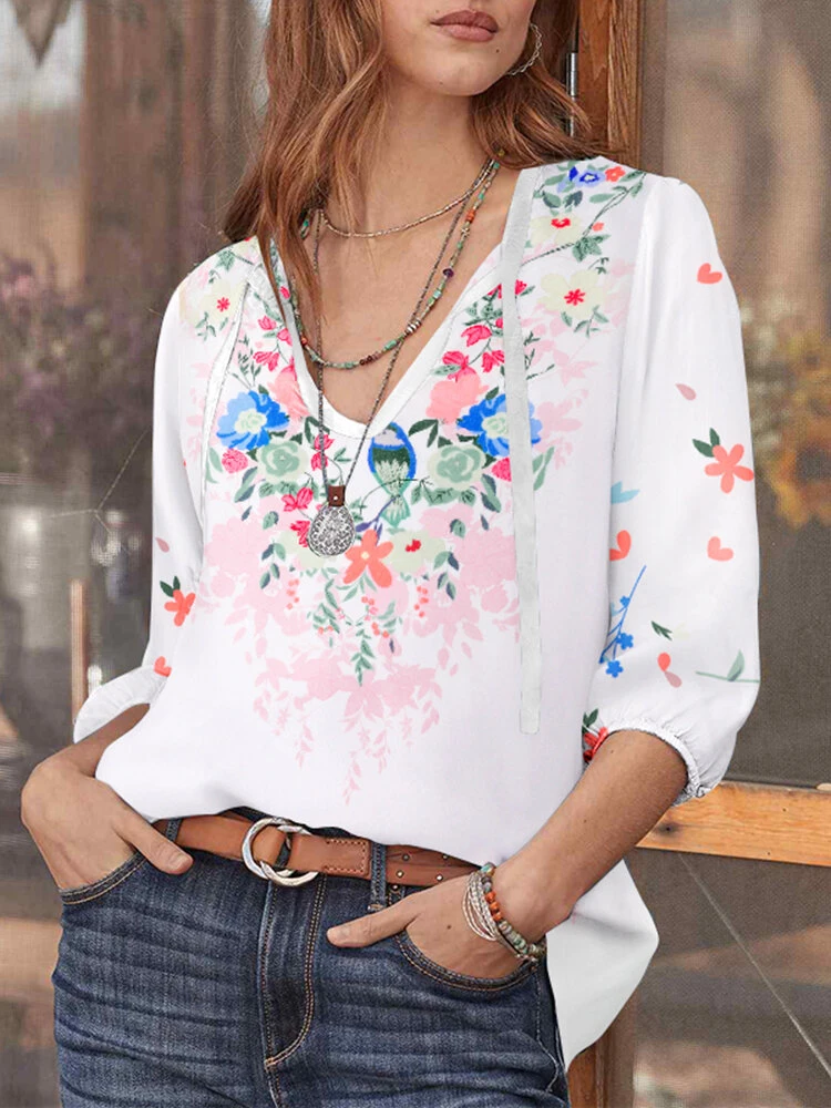 Floral Print Tie Neck Bohemian 3/4 Sleeve Blouse 2 Floral Print Tie Neck Bohemian 3/4 Sleeve Blouse - Image 2