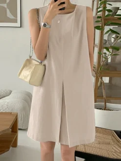 Solid Crew Neck Sleeveless Pocket Keyhole Back Dress