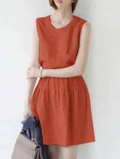 Women Solid Pleated Crew Neck Cotton Casual Sleeveless Dress -Zanzea Shop 25809156 d998 4f3f ac94 d8e79466740d