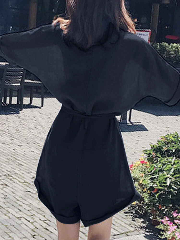 Solid Pocket Lapel Belt Button Front Short Sleeve Romper 11 Solid Pocket Lapel Belt Button Front Short Sleeve Romper - Image 11