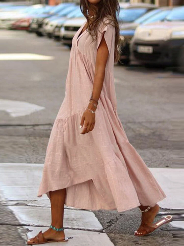 V-neck Short Sleeve Loose Solid Color Plus Size Dress 10 V-neck Short Sleeve Loose Solid Color Plus Size Dress - Image 10