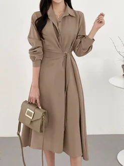 Solid Long Sleeve Belt Lapel Casual Dress -Zanzea Shop 25b0075f 7597 45fc a2d3 e58ef50974a5