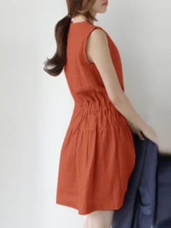 Women Solid Pleated Crew Neck Cotton Casual Sleeveless Dress -Zanzea Shop 25cf51d3 337a 45eb 9031 c4fb01af4edb