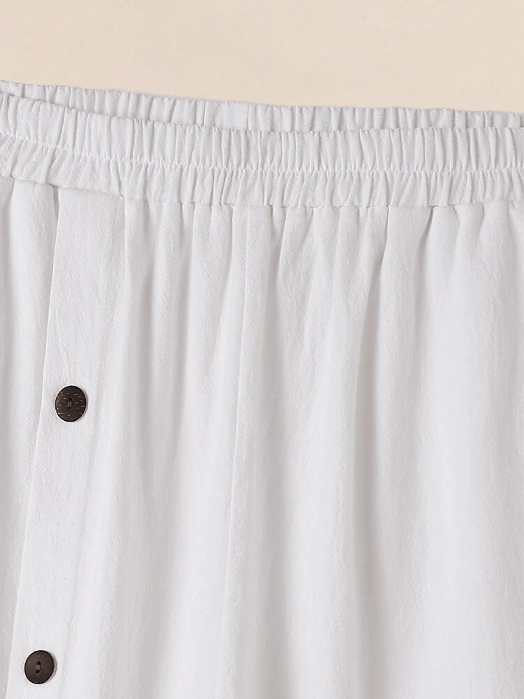 Women Solid Button Design Cotton Casual Cropped Pants 3 Women Solid Button Design Cotton Casual Cropped Pants - Image 3