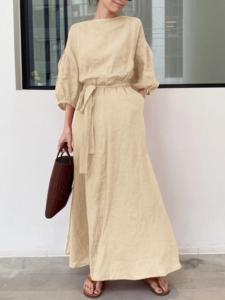 Solid Puff Sleeve Pocket Tie Crew Neck Maxi Vintage Dress 2 Solid Puff Sleeve Pocket Tie Crew Neck Maxi Vintage Dress - Image 2