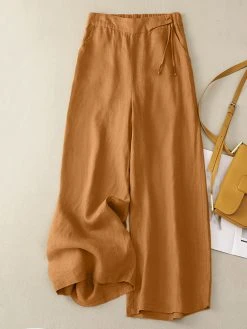 Women Solid Cotton Casual Wide Leg Pants With Pocket