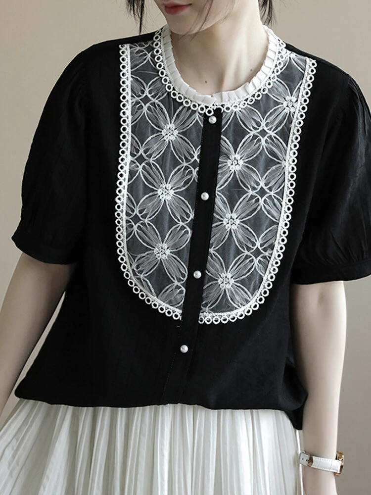 Contrast Embroidery Short Sleeve Pearl Button Blouse 12 Contrast Embroidery Short Sleeve Pearl Button Blouse - Image 12