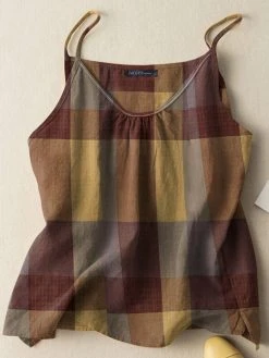 Women Vintage Plaid Casual Spaghetti Strap Cami