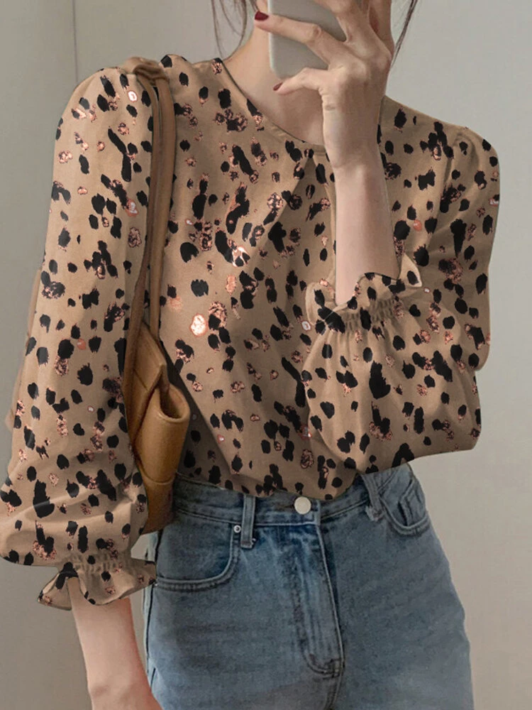 Allover Floral Pattern Puff Sleeve Casual Crew Neck Blouse 4 Allover Floral Pattern Puff Sleeve Casual Crew Neck Blouse - Image 4