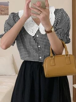 Check Contrast Collar Puff Sleeve Button Front Blouse 22 Check Contrast Collar Puff Sleeve Button Front Blouse -Zanzea Shop 264e2b13 507b 4000 810e 293f8a42dd28