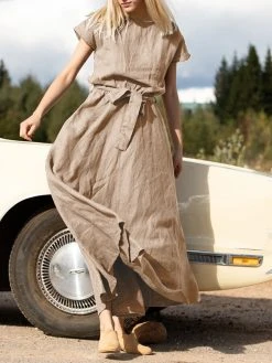 Solid Pocket Swing Short Sleeve Maxi Dress With Belt -Zanzea Shop 2656f2ff 18b1 4db2 b704 5ab97b047d5c