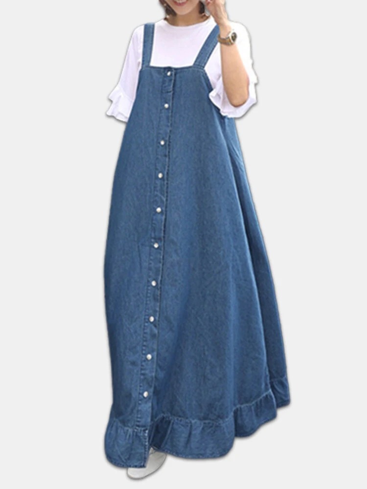 Denim Ruffle Straps Button Sleeveless Plus Size Maxi Dress 1 Denim Ruffle Straps Button Sleeveless Plus Size Maxi Dress