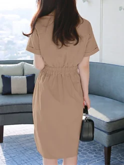 Solid Tie Front Pocket Lapel Short Sleeve Casual Dress -Zanzea Shop 267b5ba2 af48 4de7 a7b9 363517e3cde7
