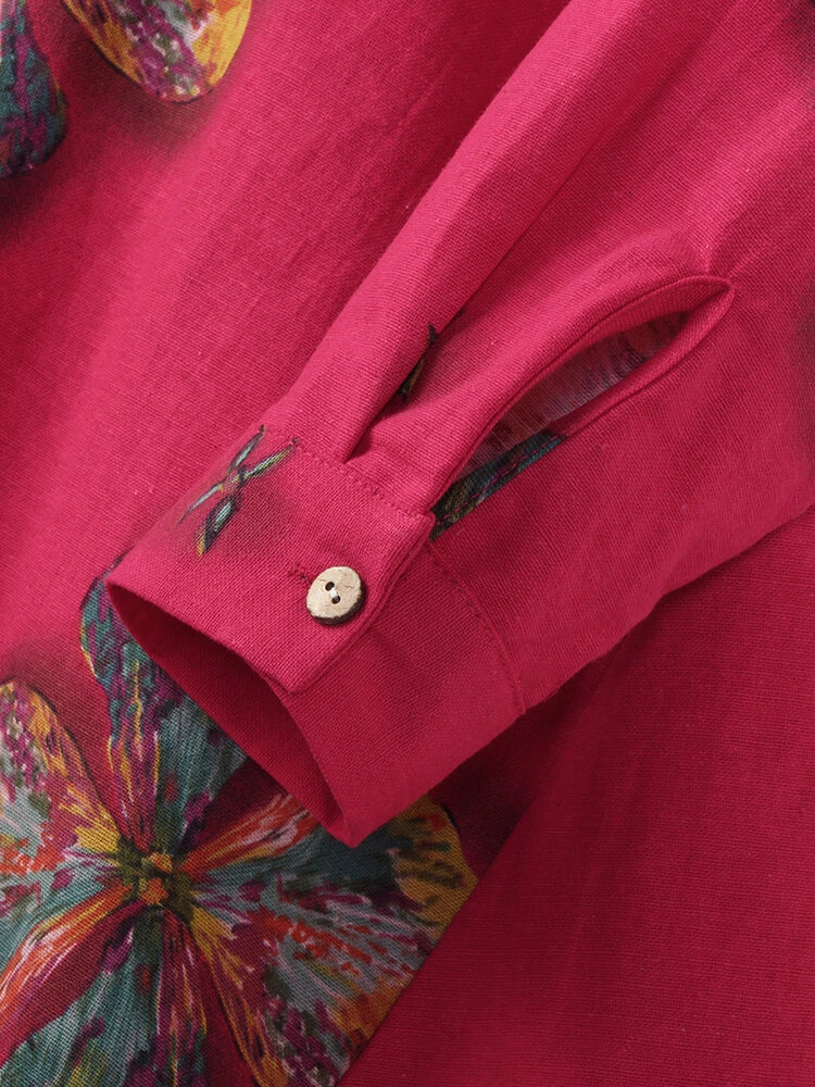 Calico Print Stand Collar Long Sleeve Plus Size Button Dress For Women 8 Calico Print Stand Collar Long Sleeve Plus Size Button Dress For Women - Image 8