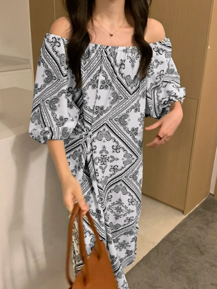 Tribal Paisley Print Off Shoulder 3/4 Sleeve Dress 4 Tribal Paisley Print Off Shoulder 3/4 Sleeve Dress - Image 4